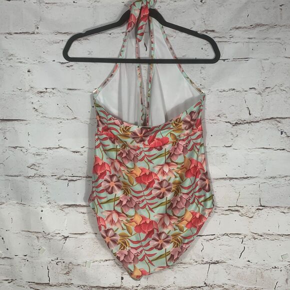 Nicole Miller Floral One Piece Swimsuit XL Halter Ruched Tropical Beach Pool - Picture 2 of 8